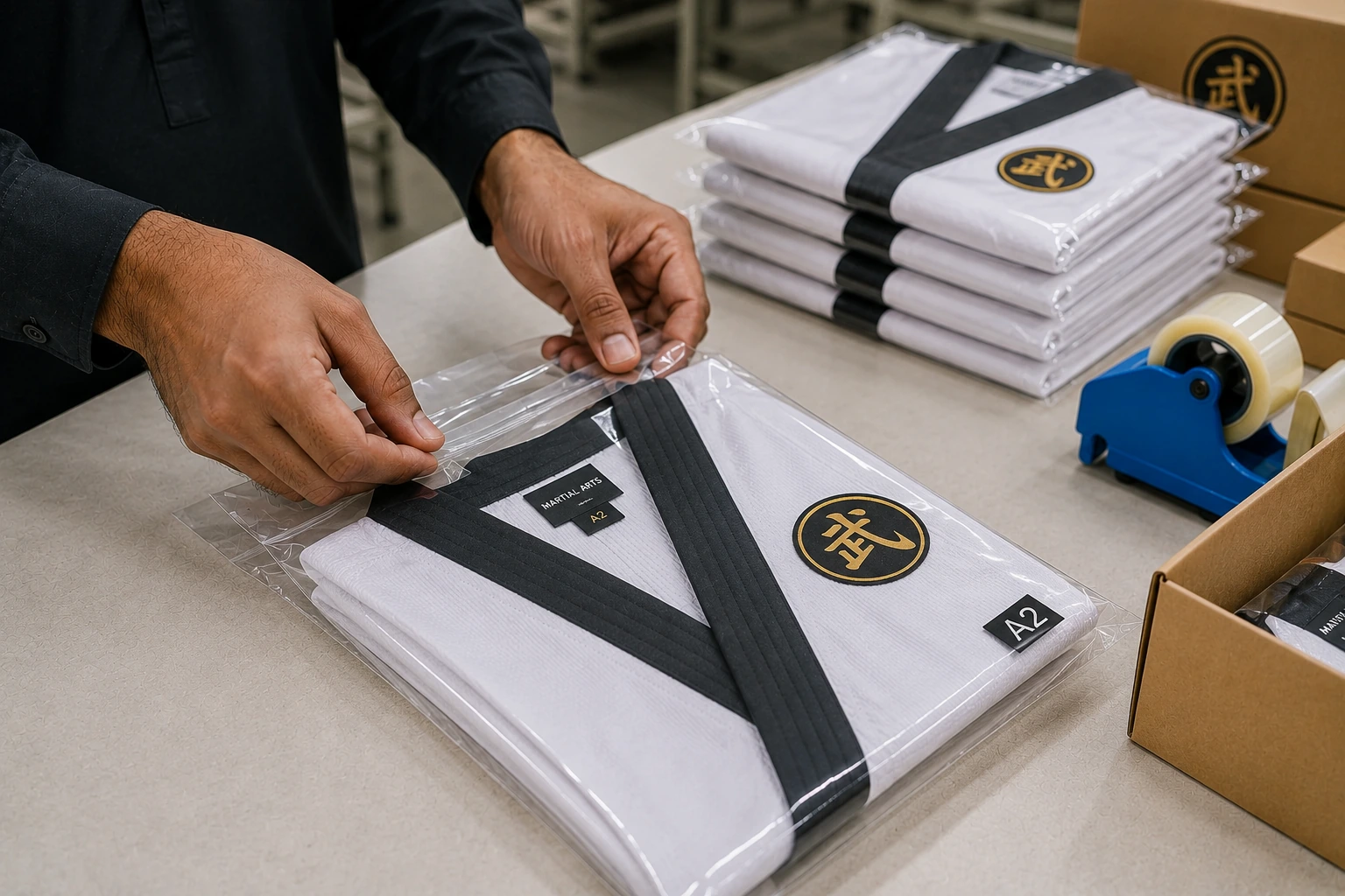 Close-up of a worker packaging a folded white martial arts gi with black trim in a clear protective bag at a garment factory.