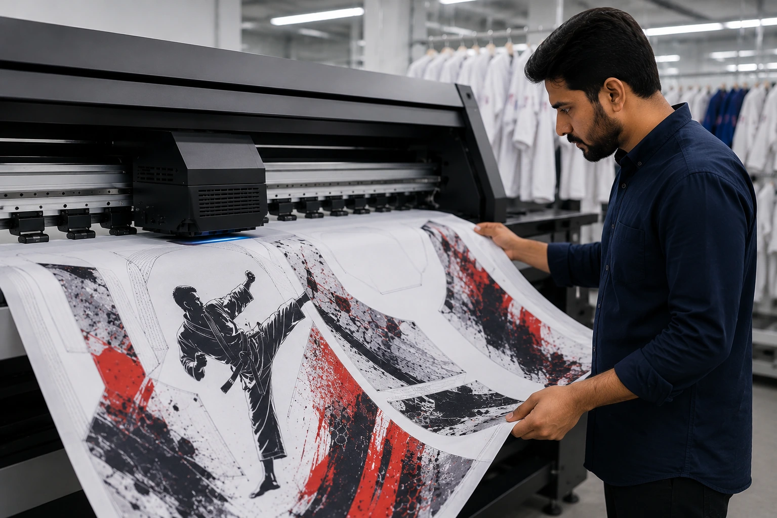 Martial arts gi panels with custom red and black sublimation graphics being printed and inspected in a professional textile manufacturing facility.