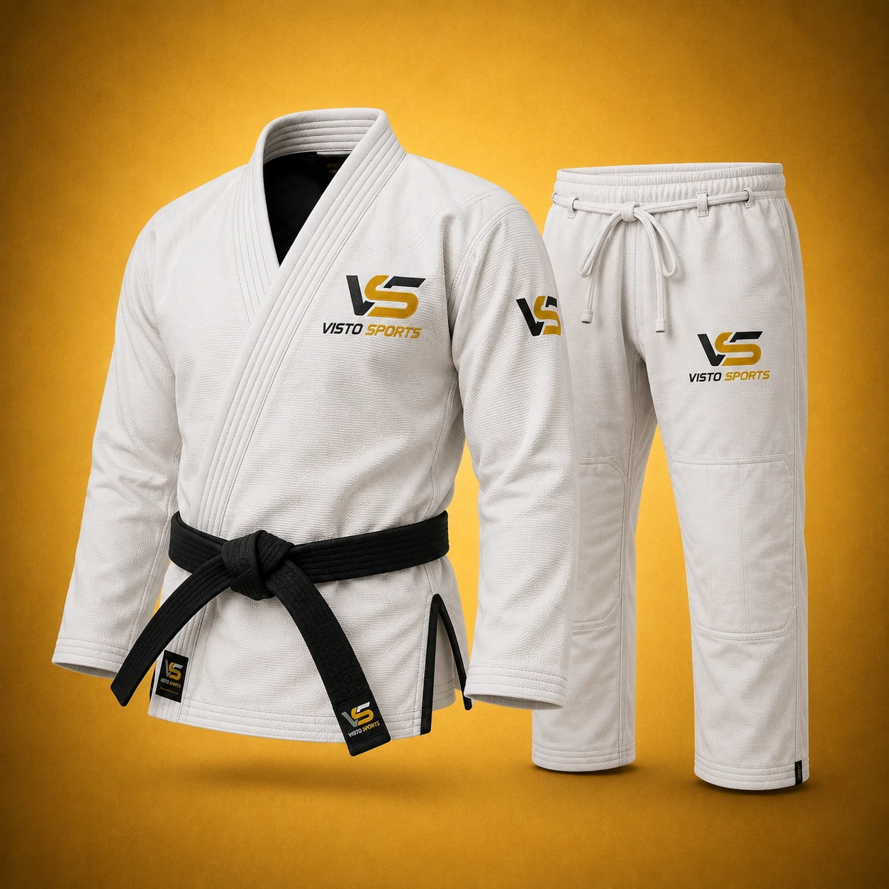 White Brazilian Jiu-Jitsu BJJ gi with matching pants and black belt, displayed on a premium golden studio background