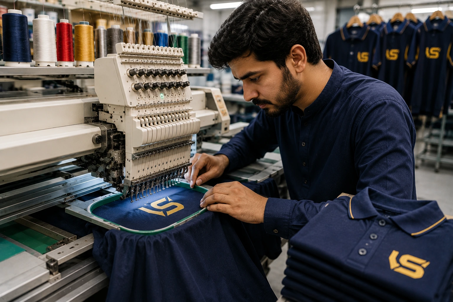Pakistani apparel manufacturing professional operating an industrial embroidery machine to stitch a gold logo onto navy sportswear in a modern garment factory.