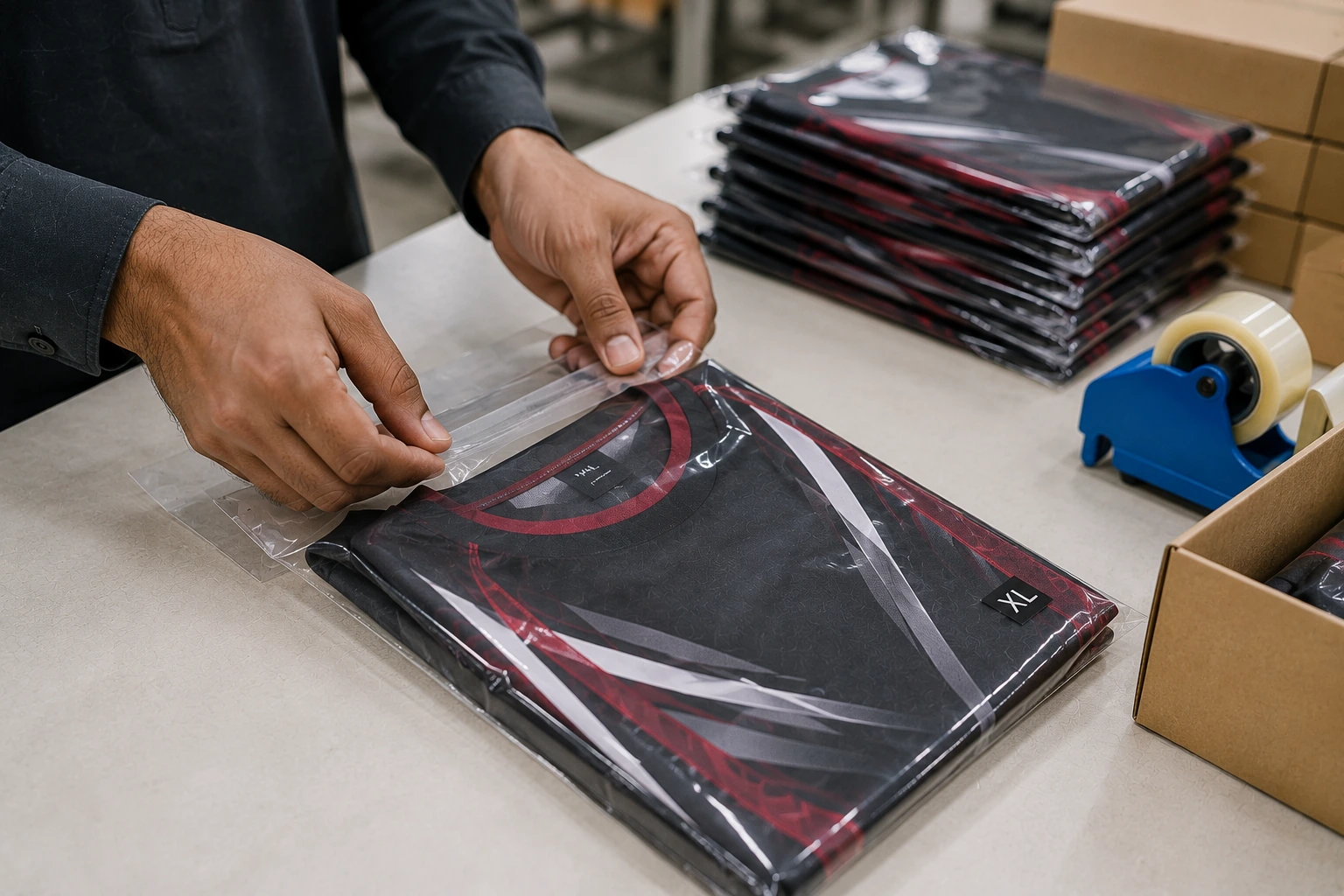Close-up of an apparel worker carefully packaging a folded custom sportswear garment in a clear protective bag, with finished garments and shipping boxes in the background.