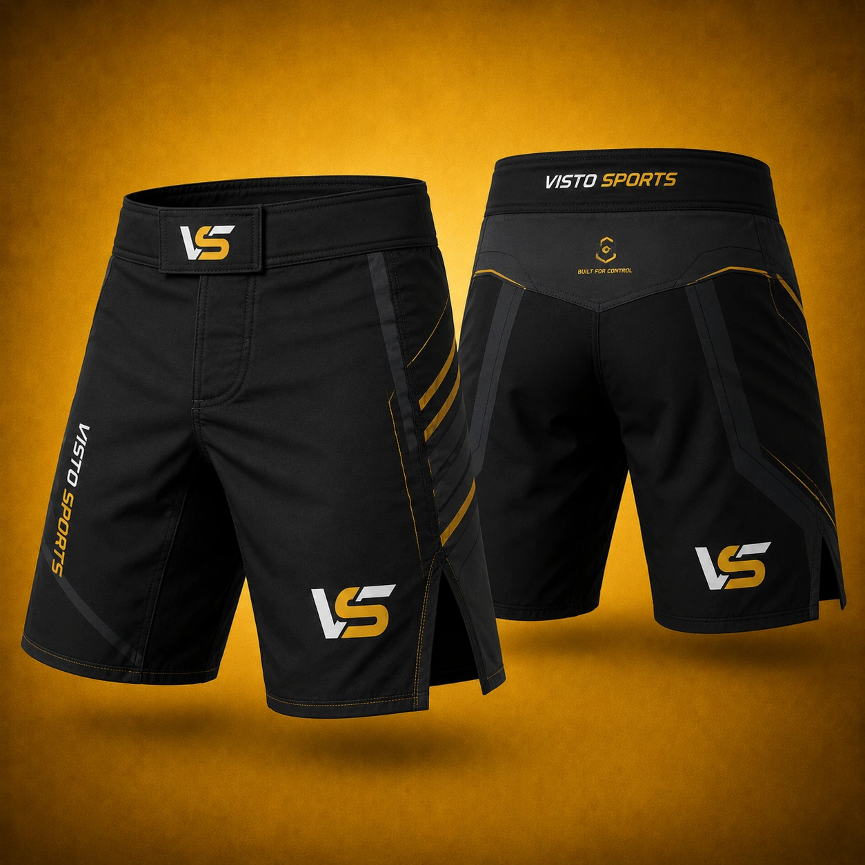 Black and gold grappling shorts shown in front and back views with reinforced seams, flexible side splits, and a secure performance waistband on a premium golden studio background.