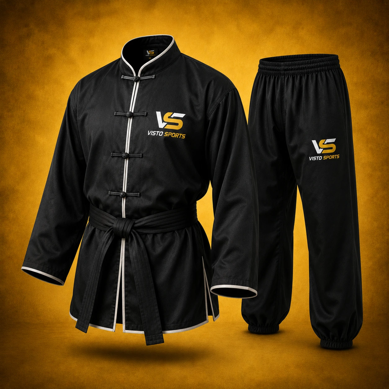 Black Kung Fu uniform featuring a traditional frog-button jacket, matching martial arts pants and waist sash, displayed on a premium golden studio background.