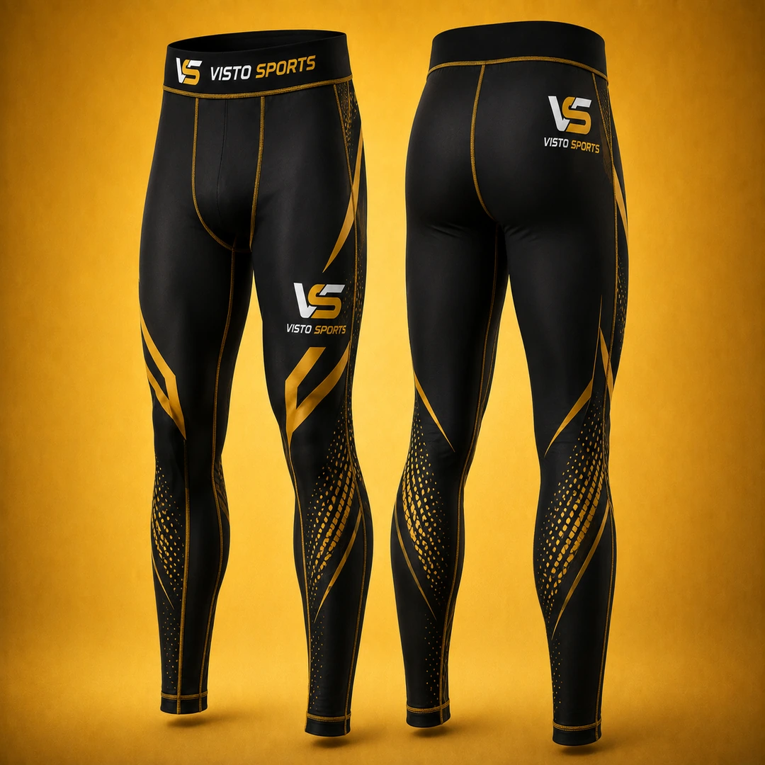 Premium black and gold Visto Sports compression leggings with contoured seams, athletic graphics, and branded detailing, displayed on a warm golden studio background.