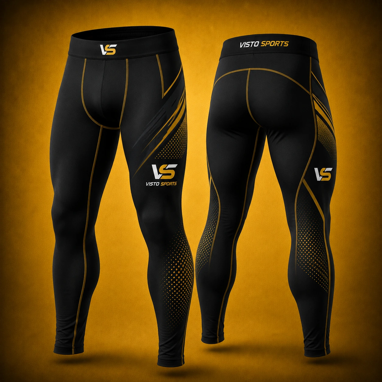 Black and gold compression leggings and grappling spats shown in front and back views with performance seams and athletic detailing on a premium golden studio background.