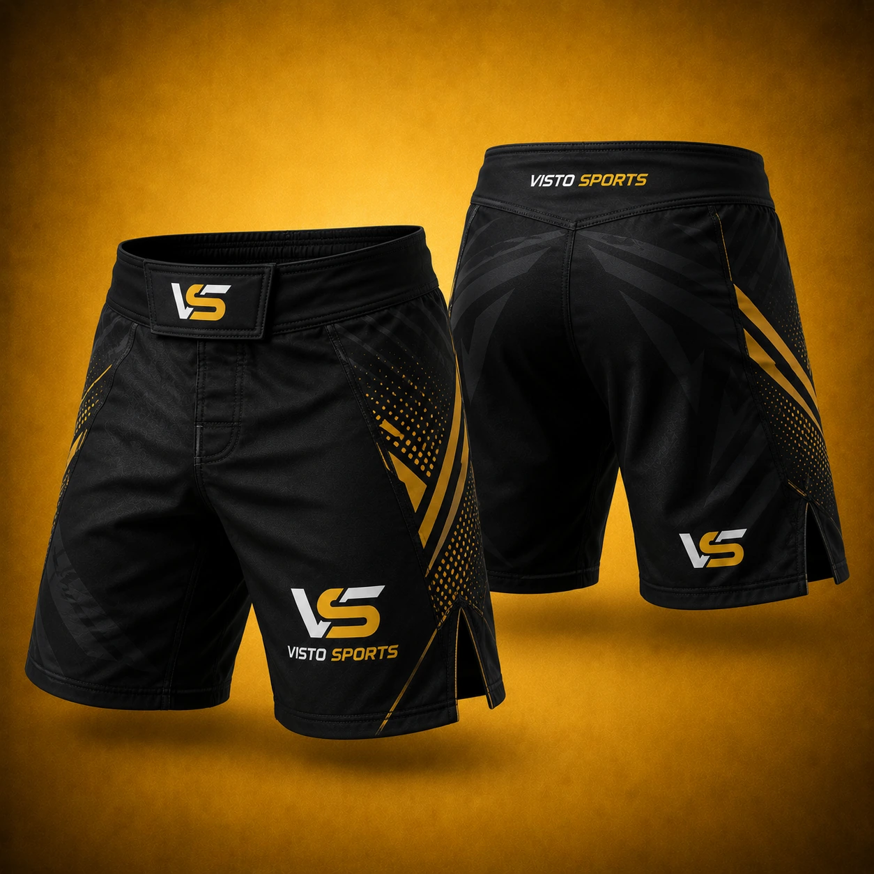 Black and gold MMA fight shorts shown in front and back views with performance panels and side vents on a premium golden studio background.