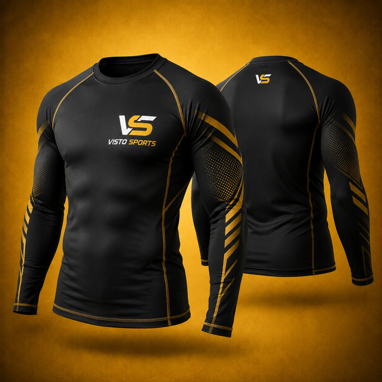 Black and gold long-sleeve rash guard shown in front and back views on a premium golden studio background.