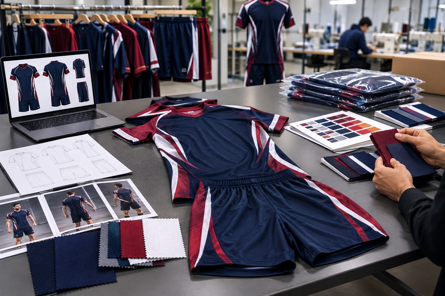 Sportswear sampling process showing a custom jersey and shorts prototype with fabric swatches, color references, technical sketches, and garment samples in a professional apparel manufacturing workshop.