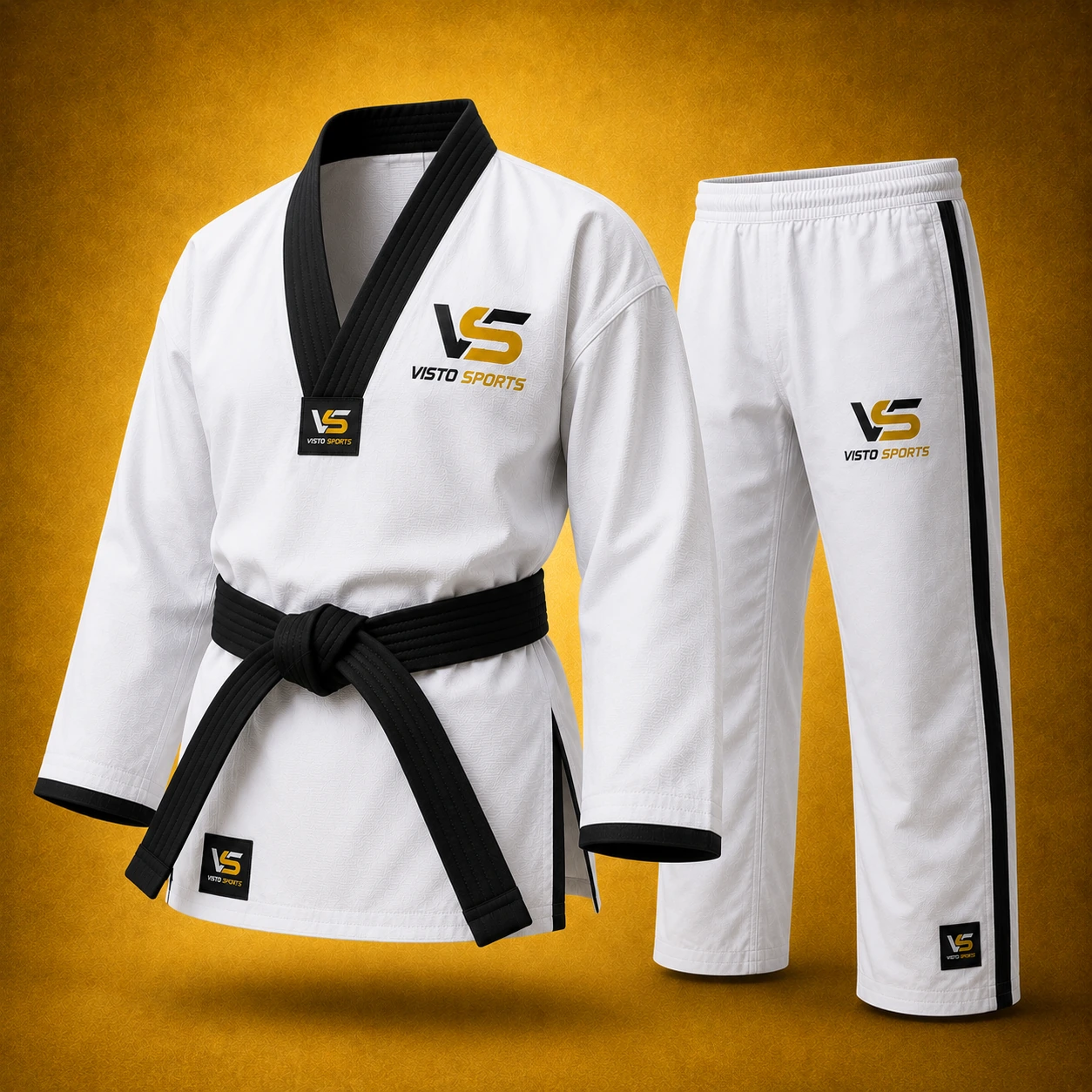 White Taekwondo dobok featuring a black V-neck jacket, matching martial arts pants and black belt, displayed on a premium golden studio background.