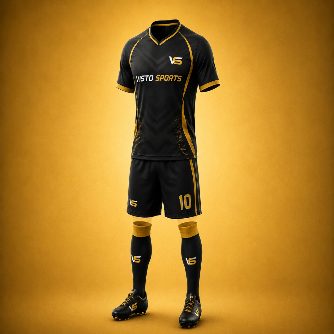 Premium black and gold Visto Sports team uniform featuring a jersey, matching shorts, socks, and athletic footwear, displayed as a realistic single 3D mockup on a warm golden background.