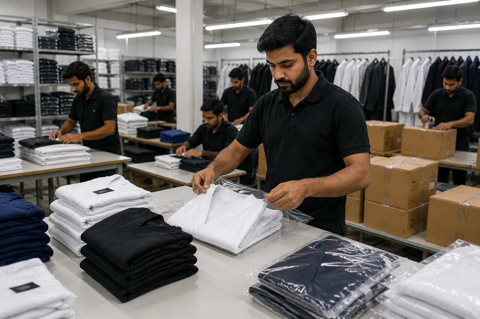Pakistani garment workers folding and packaging white-label martial arts uniforms in a professional apparel manufacturing facility.